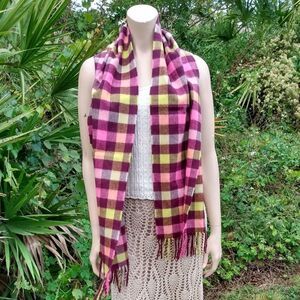 NWOT CROFT & BARROW Pink & Neon Green Plaid Winter Scarf with Fringe